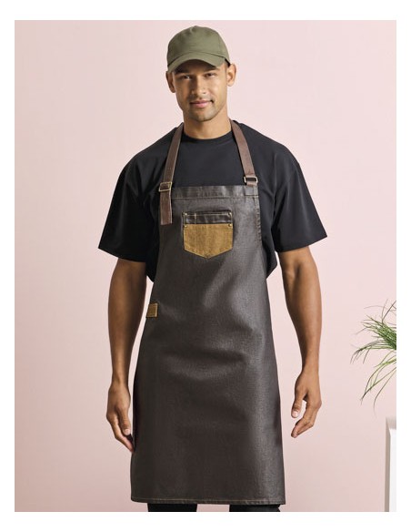 PRE-PR136-Division Waxed Look Denim Bib Apron With Faux Leather 2